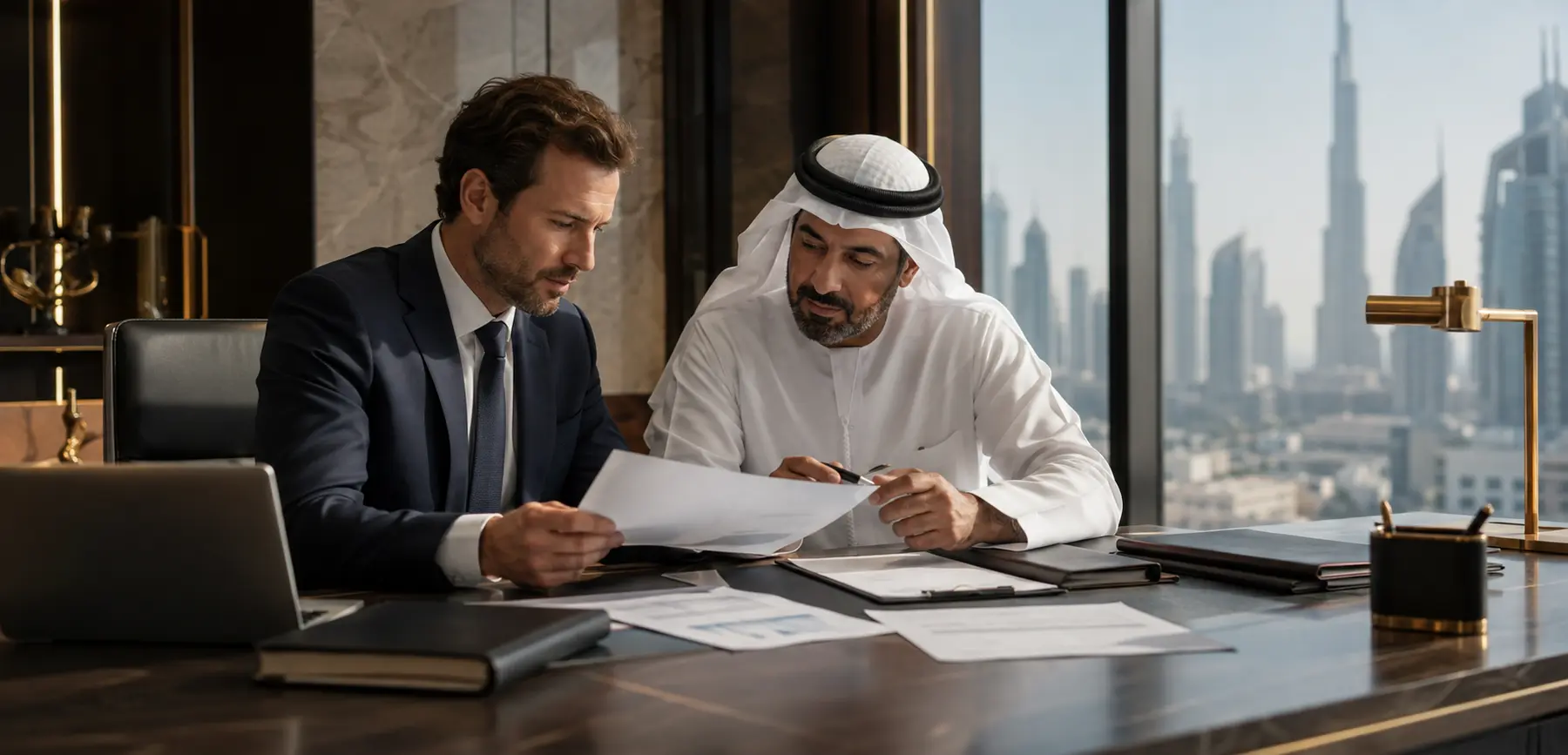 International founder and UAE advisor preparing corporate banking and KYC documents