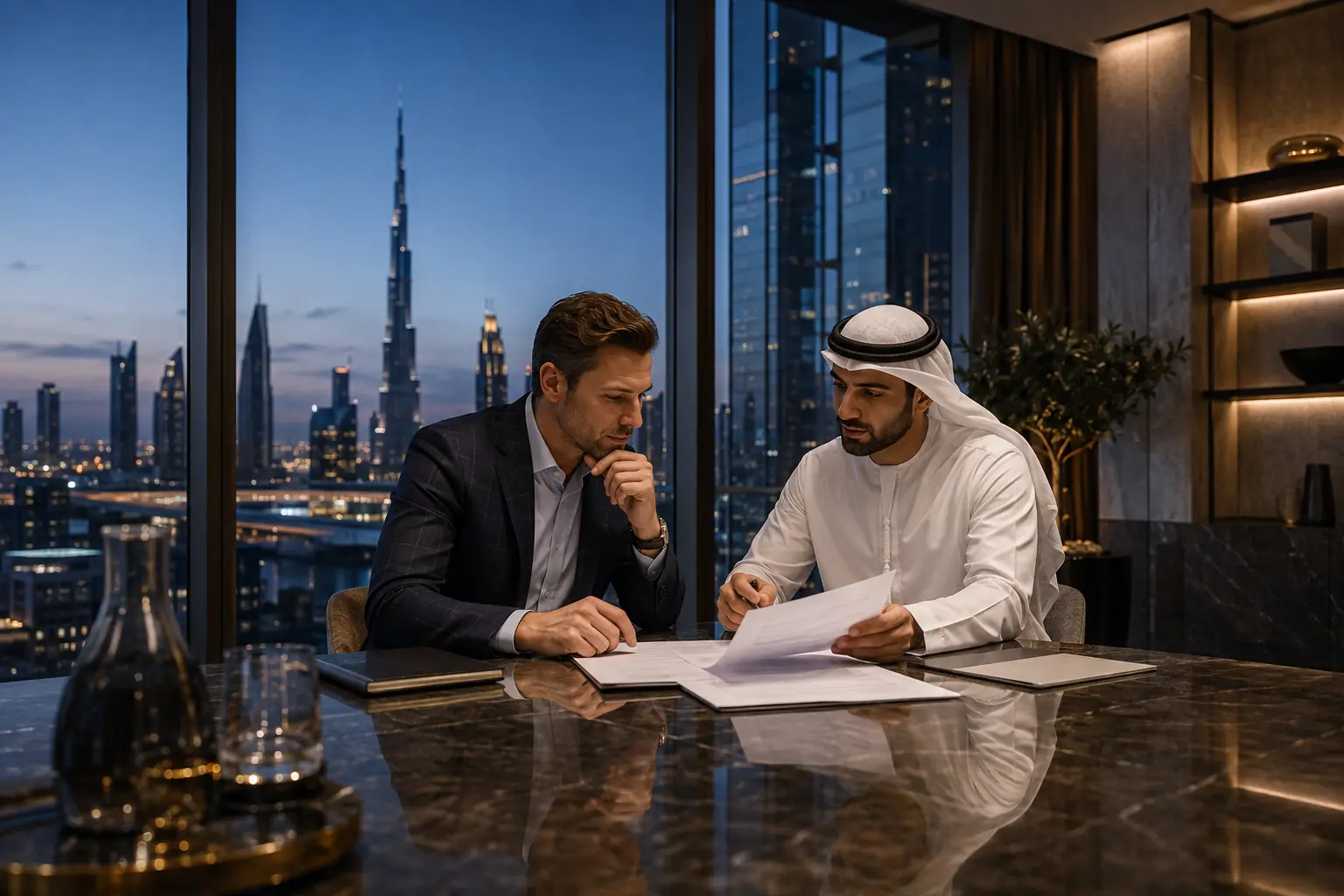 International founder reviewing UAE company formation documents with a business advisor in Dubai